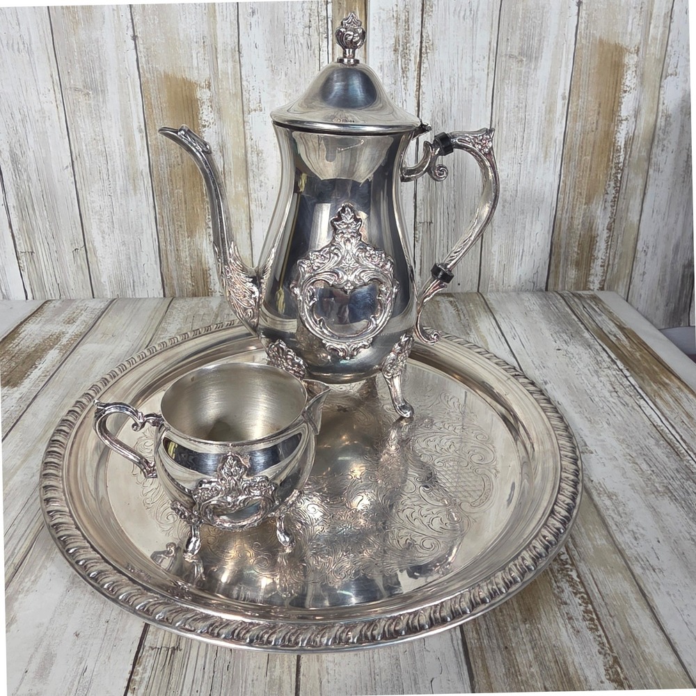 Leonard Silver Plated Tea Set 3pc Ornate Teapot Creamer and Etched Serving Tray - Picture 16 of 16